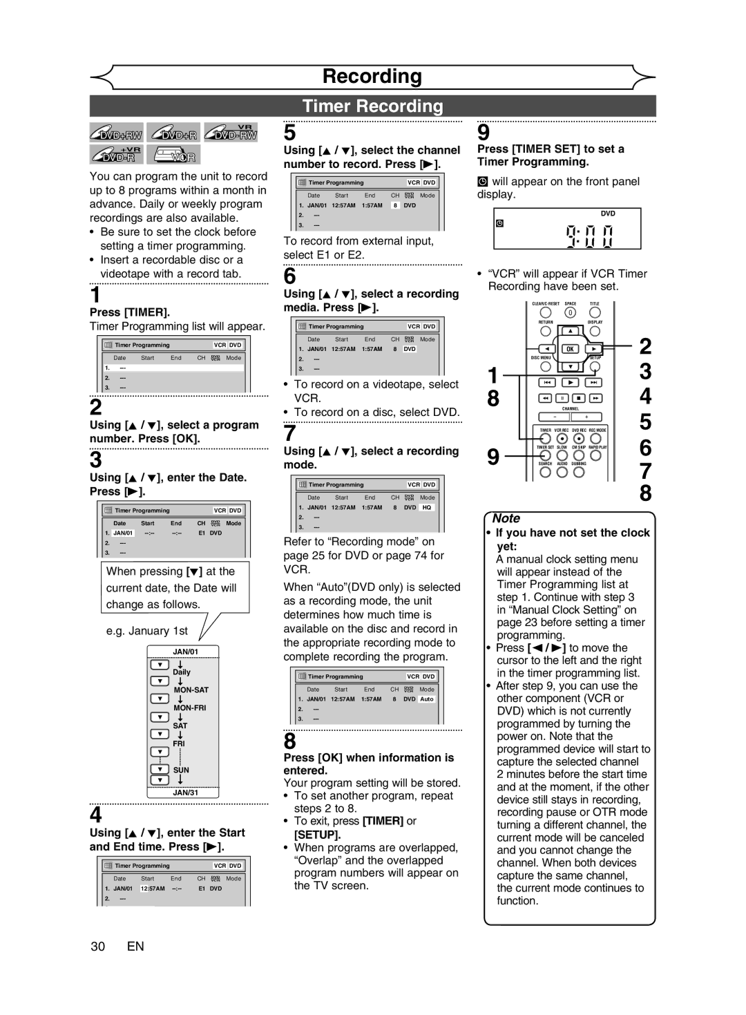 Magnavox cmwR20v6 manual Timer Recording, 30 EN, Setup 