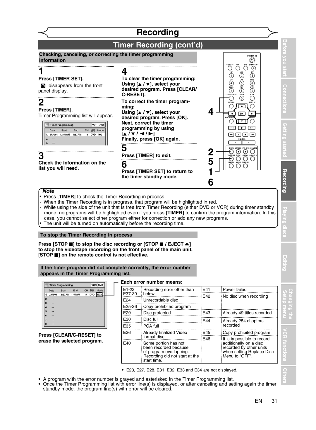 Magnavox cmwR20v6 manual Timer Recording cont’d, Playing discs Editing, Changing the Setup menu VCR functions, Others 