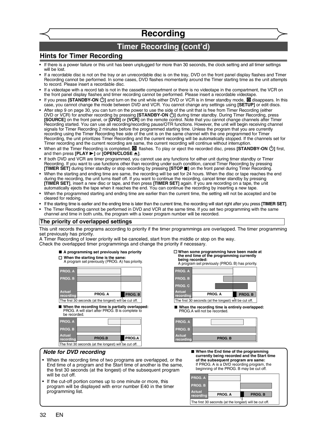 Magnavox cmwR20v6 manual Hints for Timer Recording, Priority of overlapped settings, 32 EN 