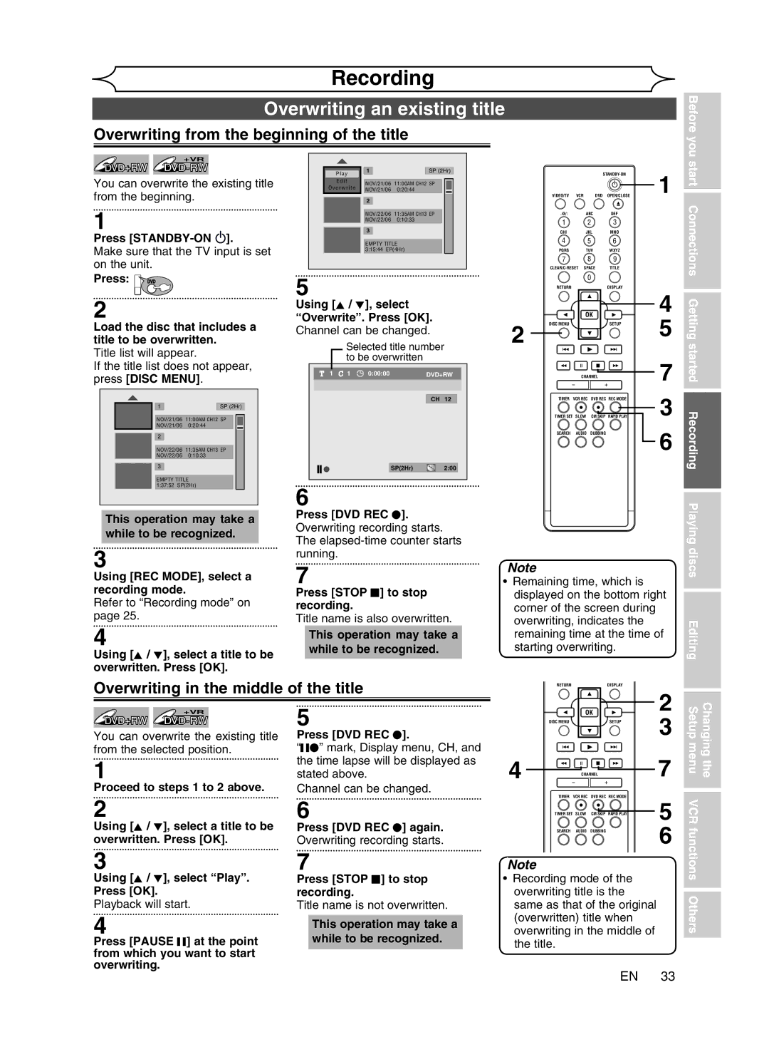 Magnavox cmwR20v6 manual Overwriting an existing title, Overwriting from the beginning of the title 