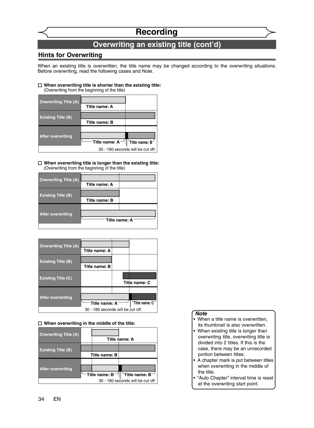 Magnavox cmwR20v6 manual Overwriting an existing title cont’d, Hints for Overwriting, 34 EN 