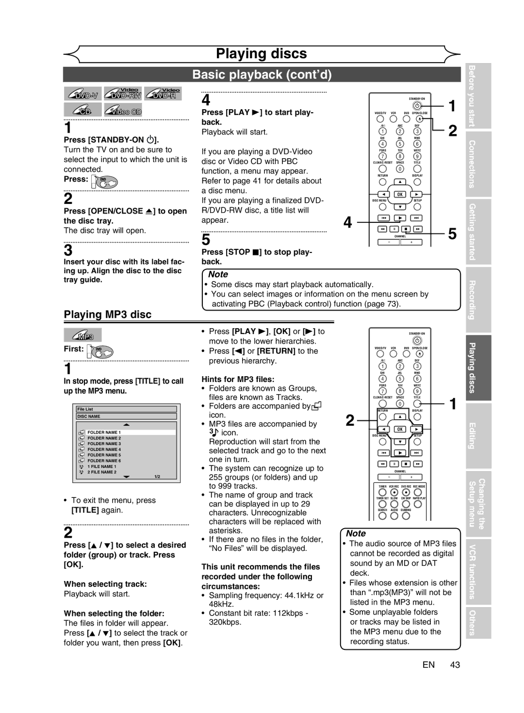 Magnavox cmwR20v6 manual Basic playback cont’d, Playing MP3 disc 