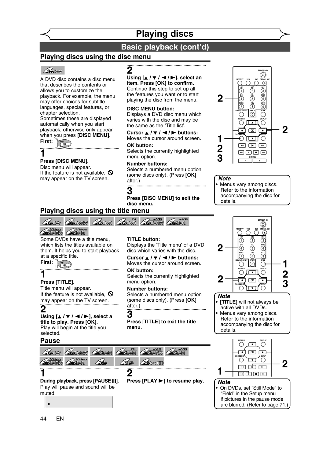 Magnavox cmwR20v6 manual Playing discs using the disc menu, Playing discs using the title menu, 44 EN 