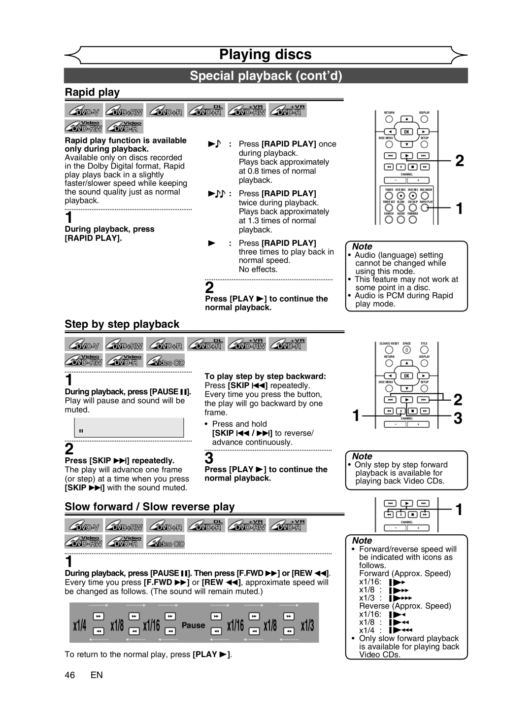 Magnavox cmwR20v6 Special playback cont’d, Rapid play, Step by step playback, Slow forward / Slow reverse play, 46 EN 