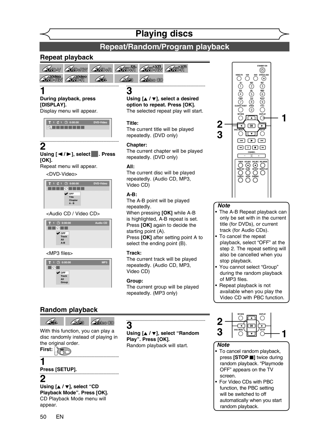 Magnavox cmwR20v6 manual Repeat/Random/Program playback, Repeat playback, Random playback, 50 EN 