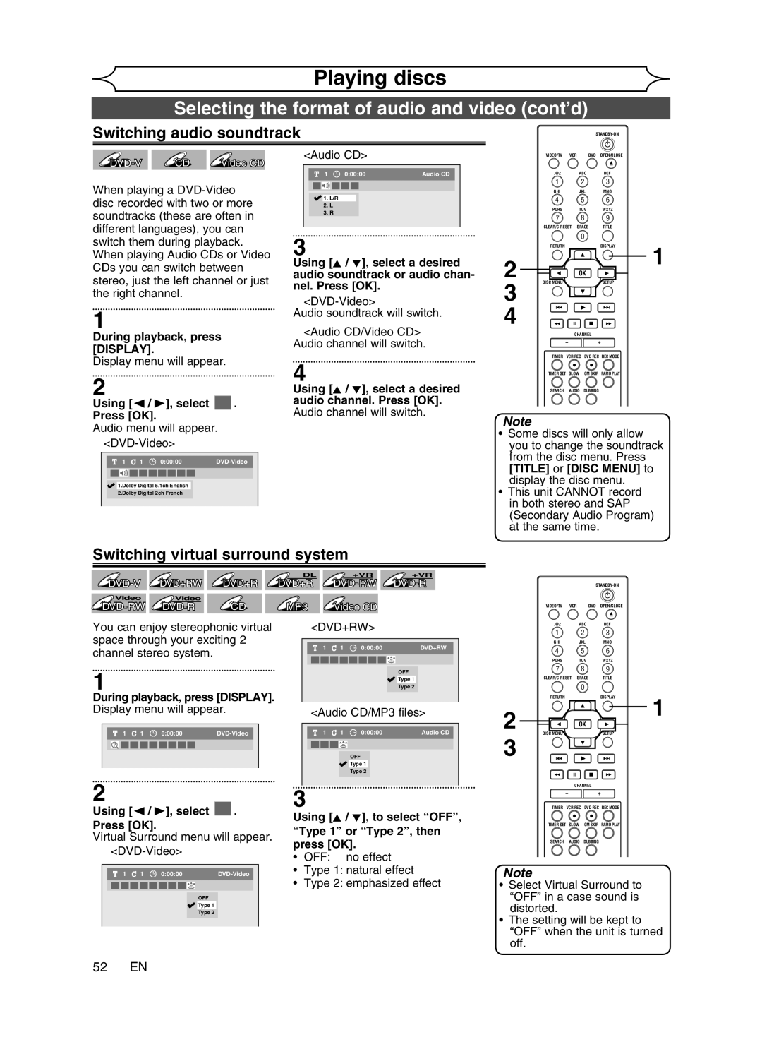 Magnavox cmwR20v6 Selecting the format of audio and video cont’d, Switching audio soundtrack, 52 EN, Audio CD/MP3 files 