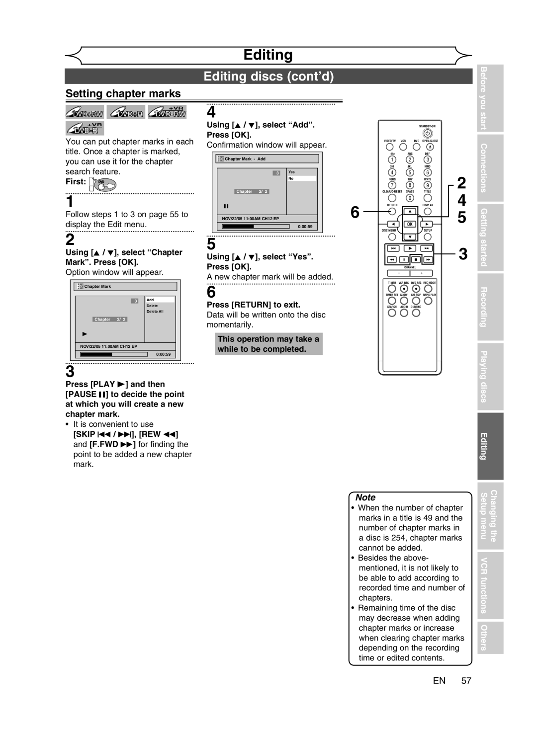 Magnavox cmwR20v6 Setting chapter marks, Using K / L, select Chapter Mark. Press OK, Using K / L, select Add. Press OK 