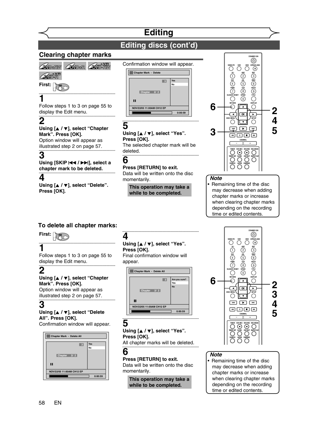 Magnavox cmwR20v6 manual Clearing chapter marks, 58 EN, Using K / L, select Delete All. Press OK 