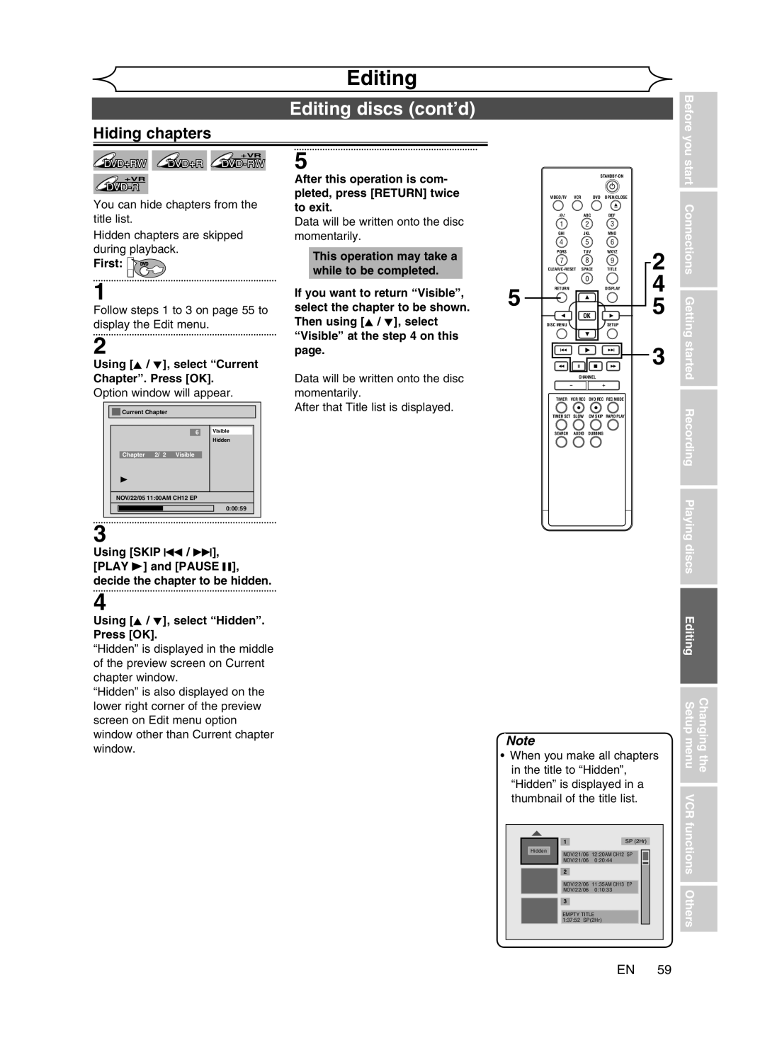 Magnavox cmwR20v6 manual Hiding chapters, Getting started, Playing discs Editing Setup menu Changing 