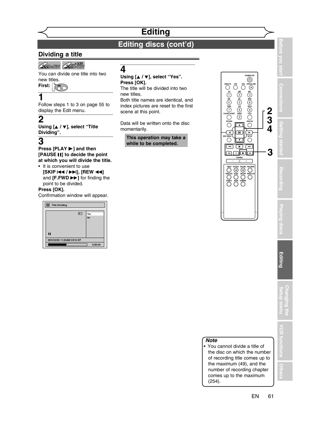 Magnavox cmwR20v6 Dividing a title, Beforeyou, You can divide one title into two new titles, Number of recording chapter 