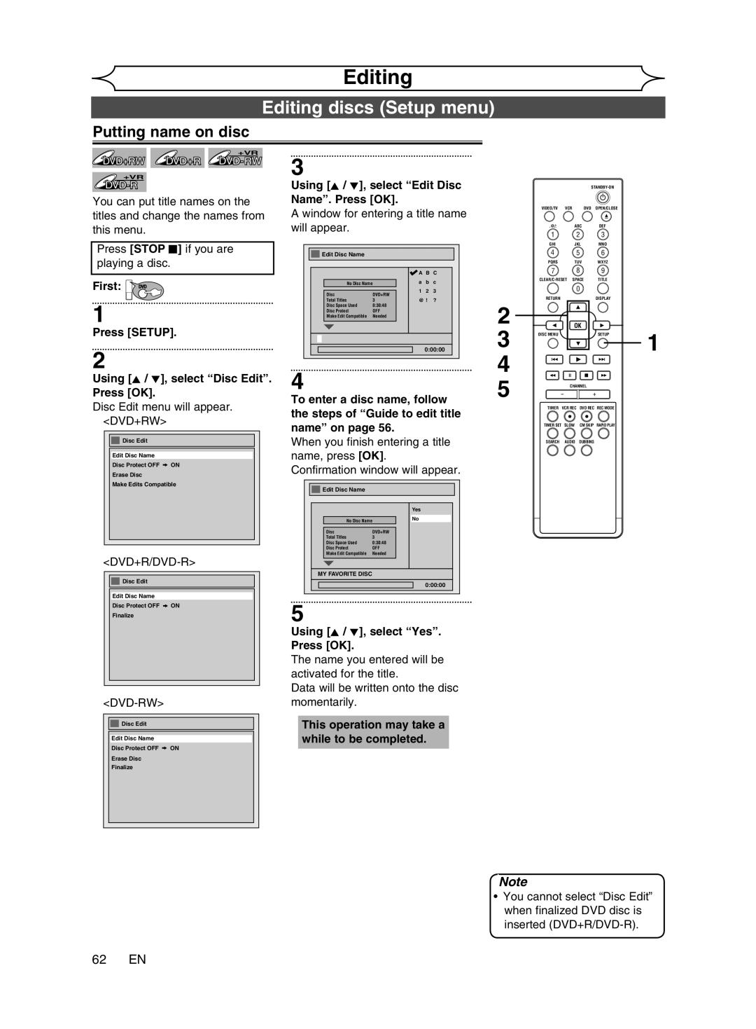 Magnavox cmwR20v6 manual Editing discs Setup menu, Putting name on disc, 62 EN 