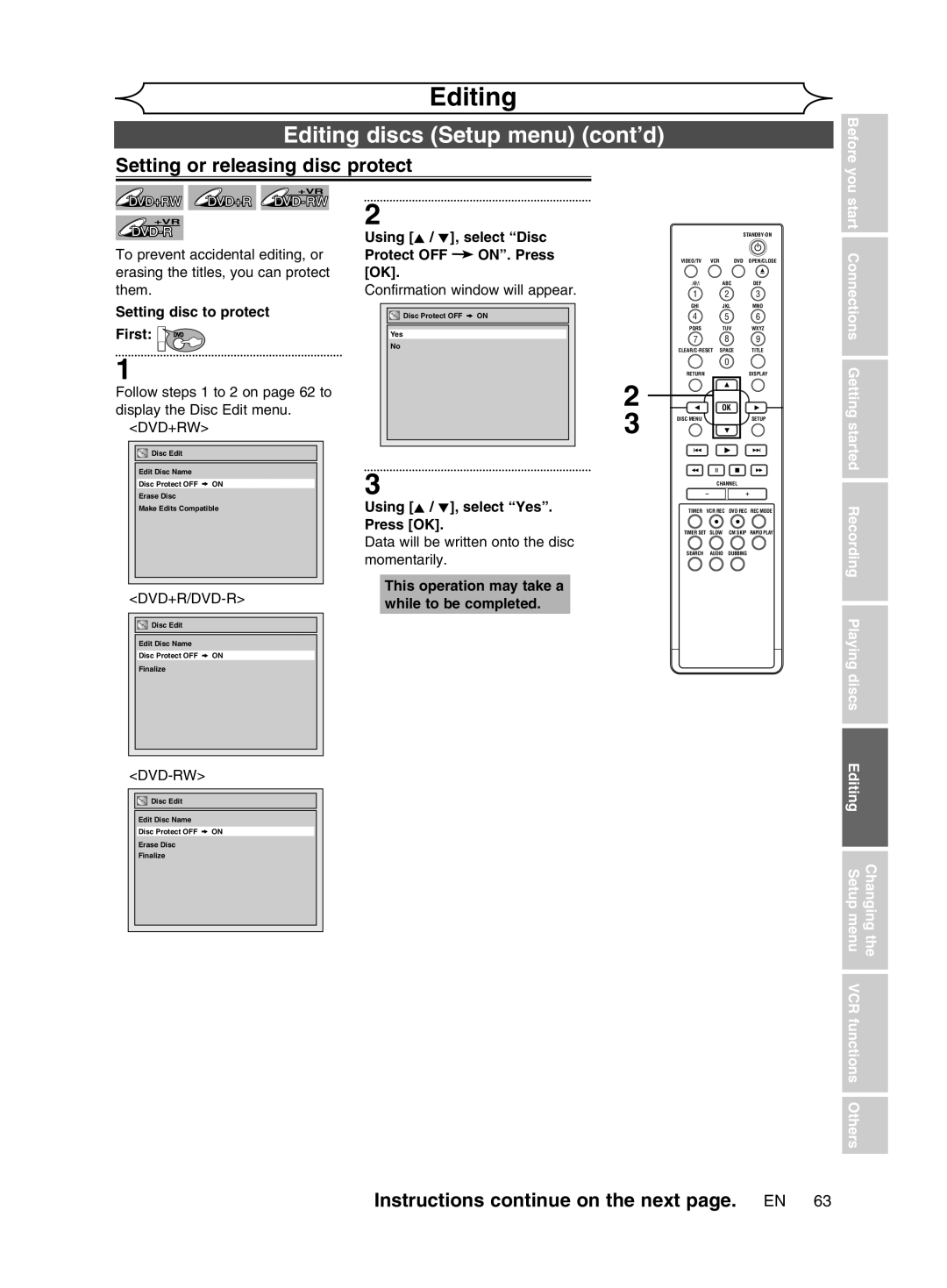 Magnavox cmwR20v6 Editing discs Setup menu cont’d, Setting or releasing disc protect, Setting disc to protect First DVD 