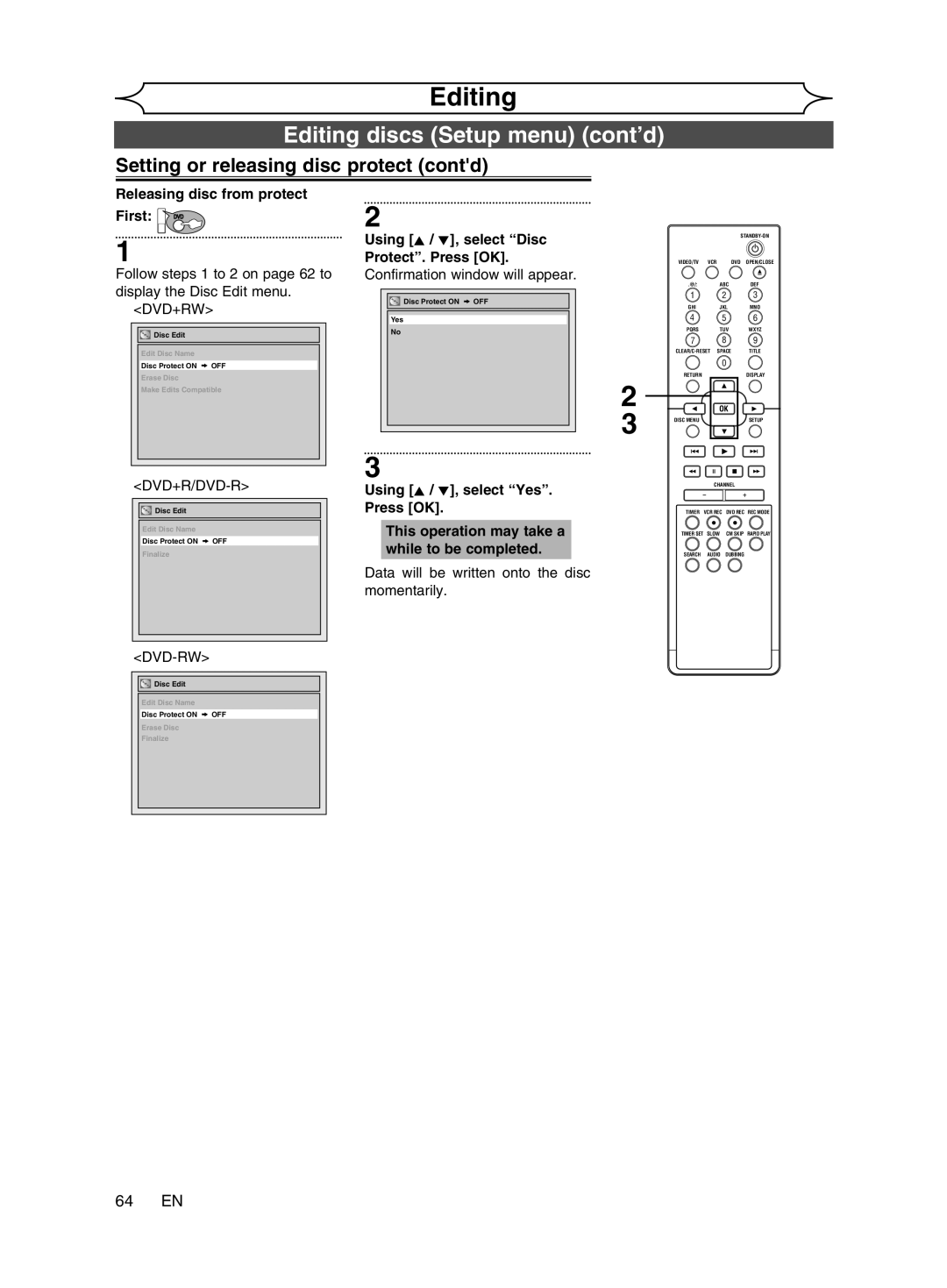 Magnavox cmwR20v6 manual Setting or releasing disc protect contd, 64 EN, Releasing disc from protect First DVD 