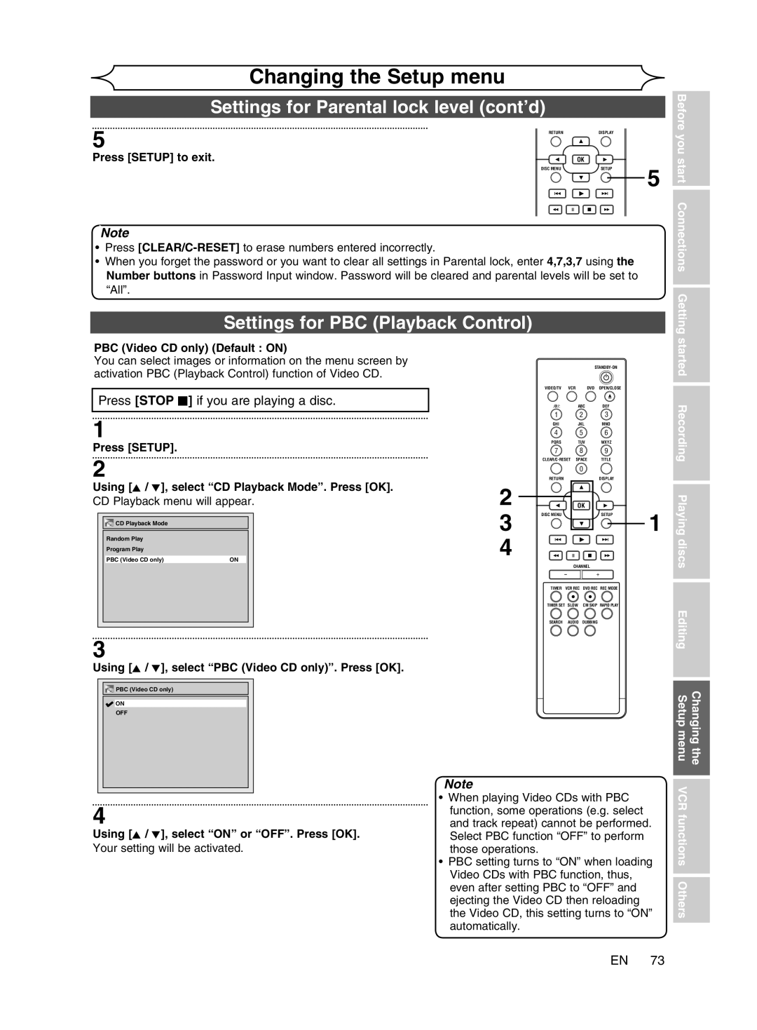 Magnavox cmwR20v6 Settings for Parental lock level cont’d, Settings for PBC Playback Control, PBC Video CD only Default on 