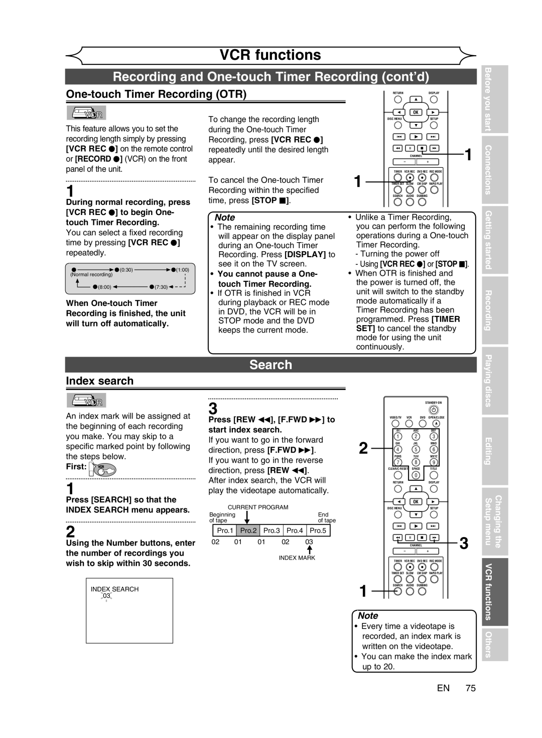 Magnavox cmwR20v6 manual Recording and One-touch Timer Recording cont’d, One-touch Timer Recording OTR, Index search 