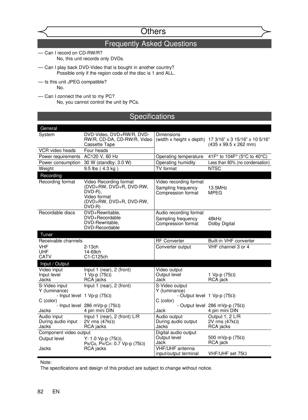 Magnavox cmwR20v6 manual Frequently Asked Questions, Specifications, 82 EN 