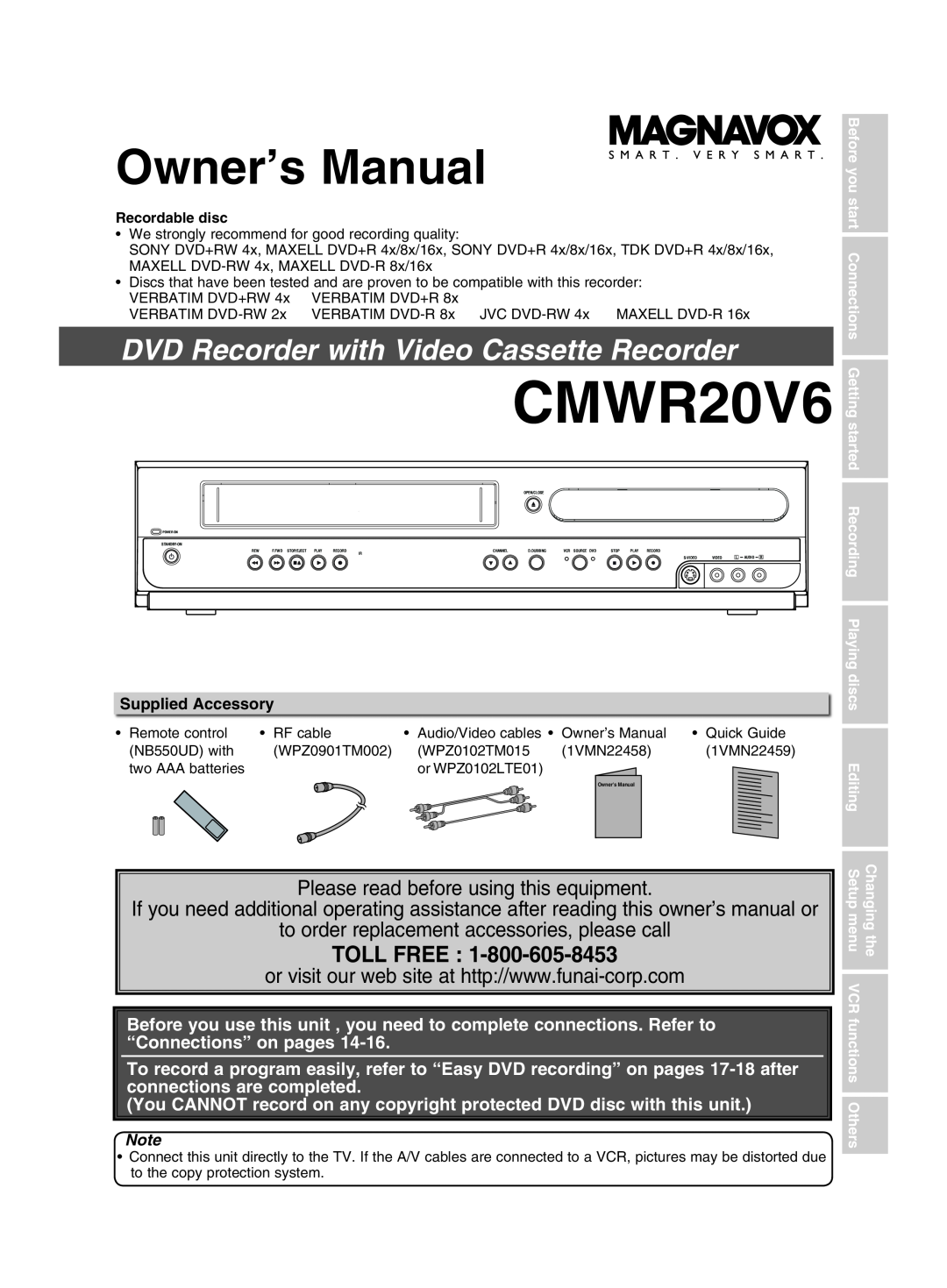Magnavox cmwR20v6 manual Toll Free, CMWR20V6, Owner’s Manual, DVD Recorder with Video Cassette Recorder 
