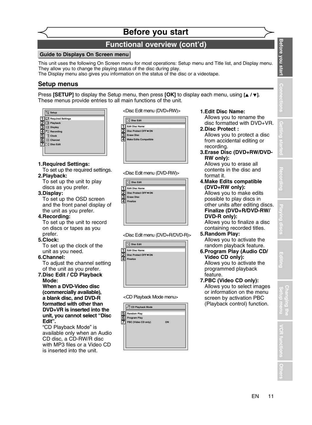 Magnavox cmwR20v6 Setup menus, Before you start, Functional overview cont’d, Disc Edit menu DVD+RW, CD Playback Mode menu 