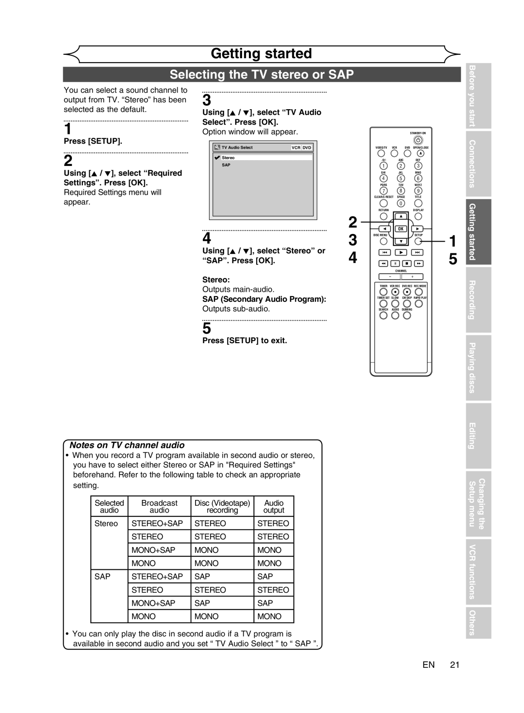 Magnavox cmwR20v6 manual Selecting the TV stereo or SAP, Getting started, Notes on TV channel audio, you start, Connections 