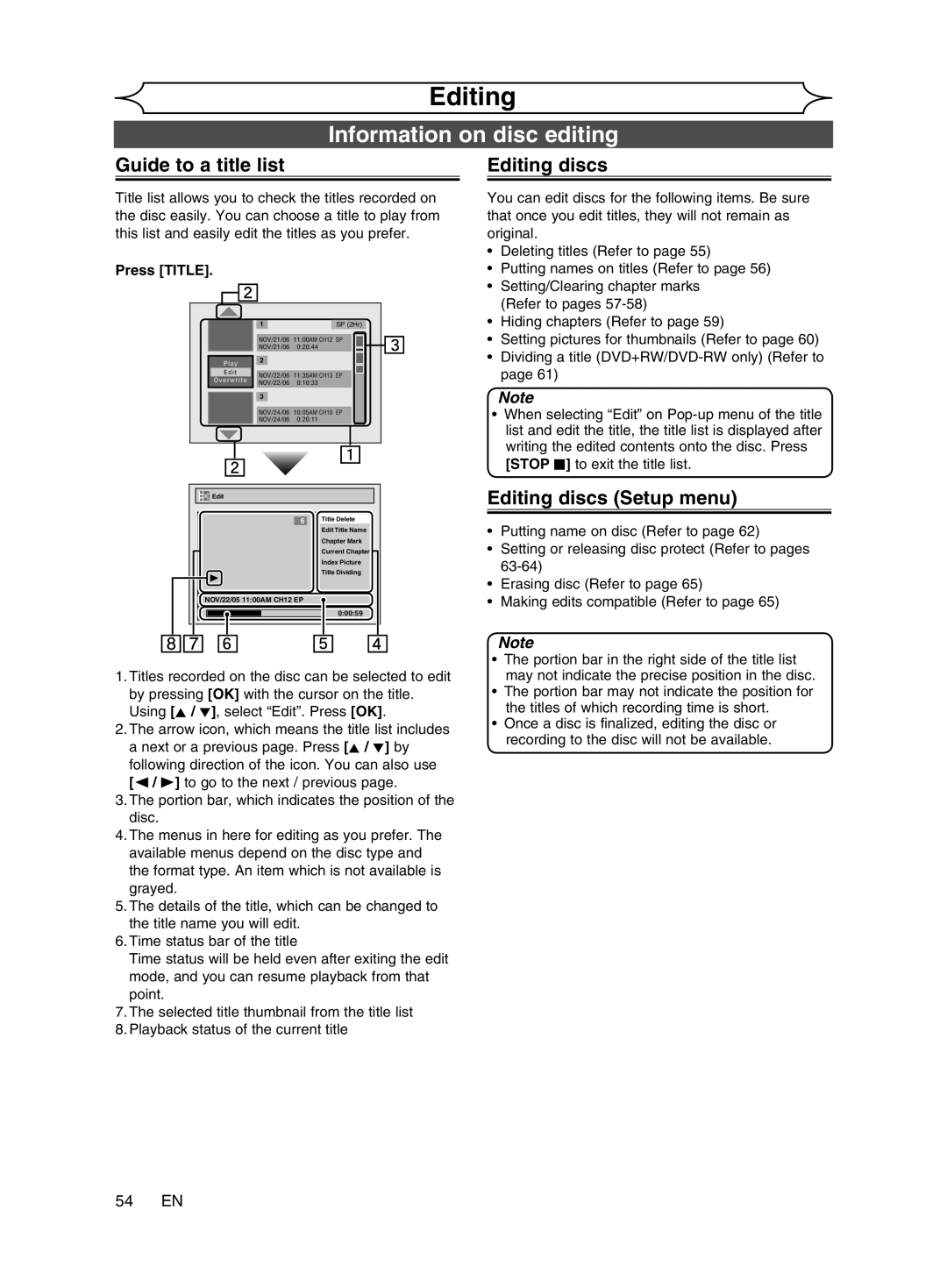 Magnavox cmwR20v6 manual Information on disc editing, Guide to a title list, Editing discs Setup menu 