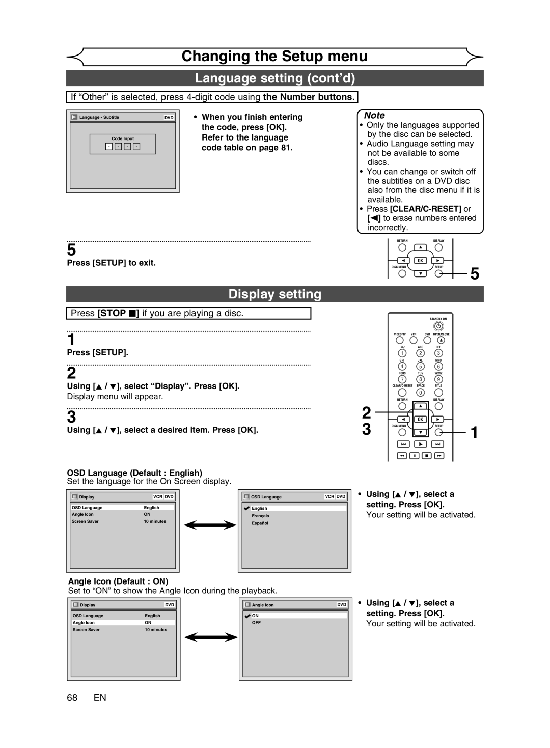 Magnavox cmwR20v6 manual Language setting cont’d, Display setting, Changing the Setup menu, 68 EN 
