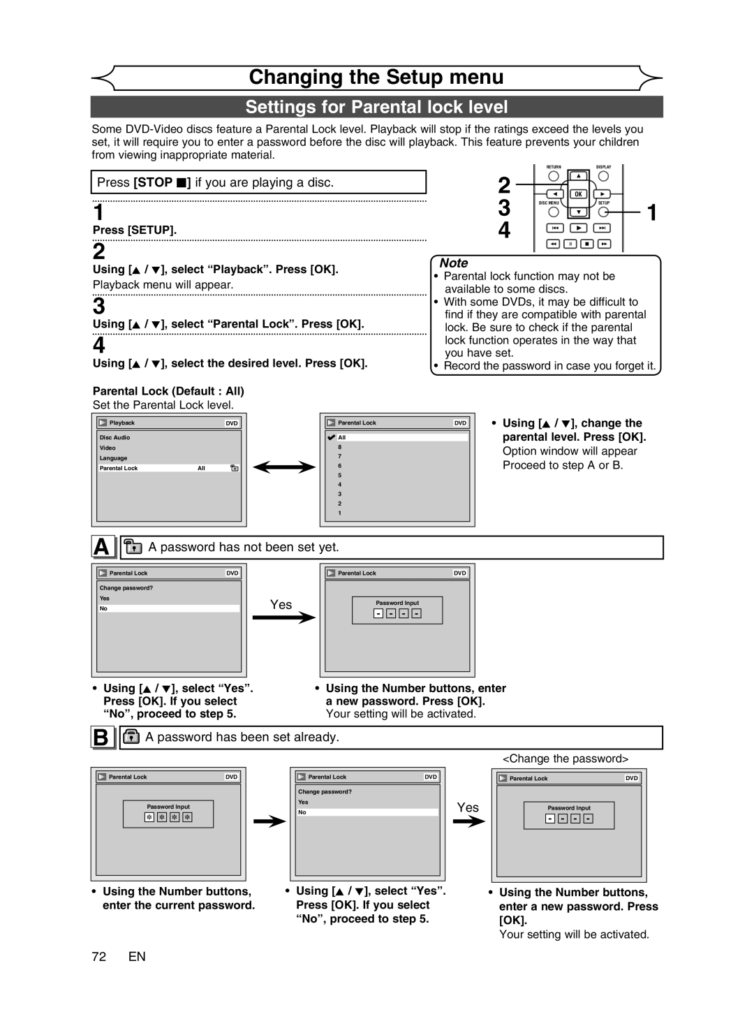 Magnavox cmwR20v6 manual Settings for Parental lock level, Changing the Setup menu 