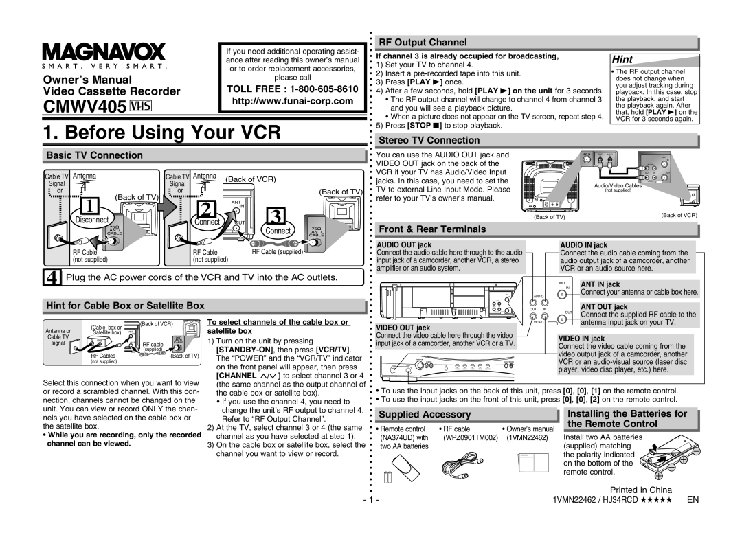 Magnavox CMWV405 owner manual Before Using Your VCR, Hint 