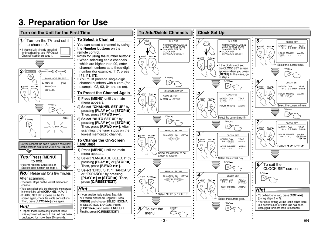 Magnavox CMWV405 owner manual Preparation for Use, To Select a Channel, To Preset the Channel Again 