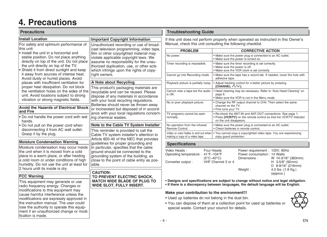 Magnavox CMWV405 owner manual Precautions, Troubleshooting Guide, Specifications 