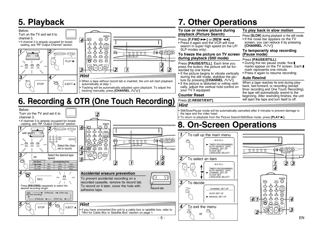 Magnavox CMWV405 owner manual Playback Other Operations, On-Screen Operations, Recording & OTR One Touch Recording 