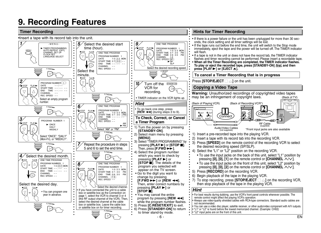 Magnavox CMWV405 owner manual Recording Features, Timer Recording, To Check, Correct, or Cancel a Timer Program 