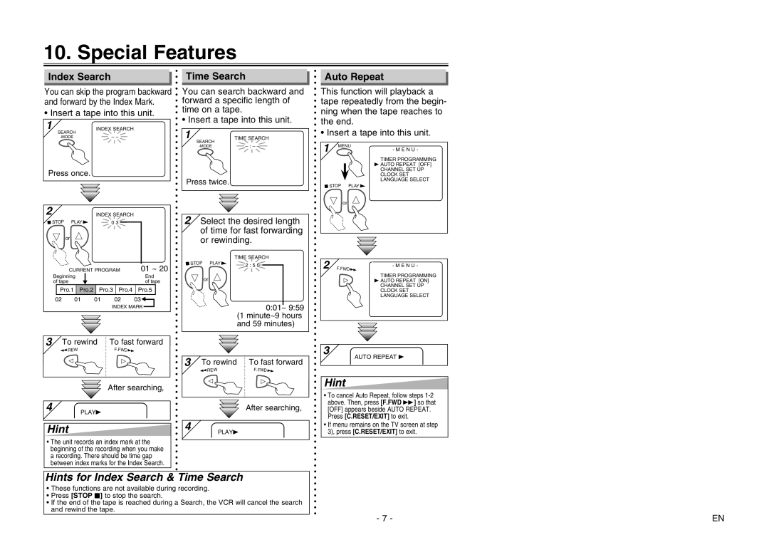 Magnavox CMWV405 owner manual Special Features, Hints for Index Search & Time Search, Auto Repeat 