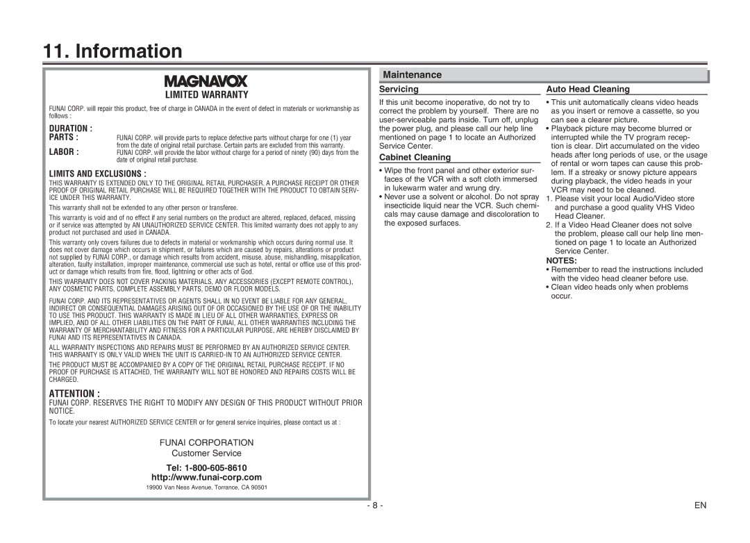 Magnavox CMWV405 owner manual Information, Maintenance 