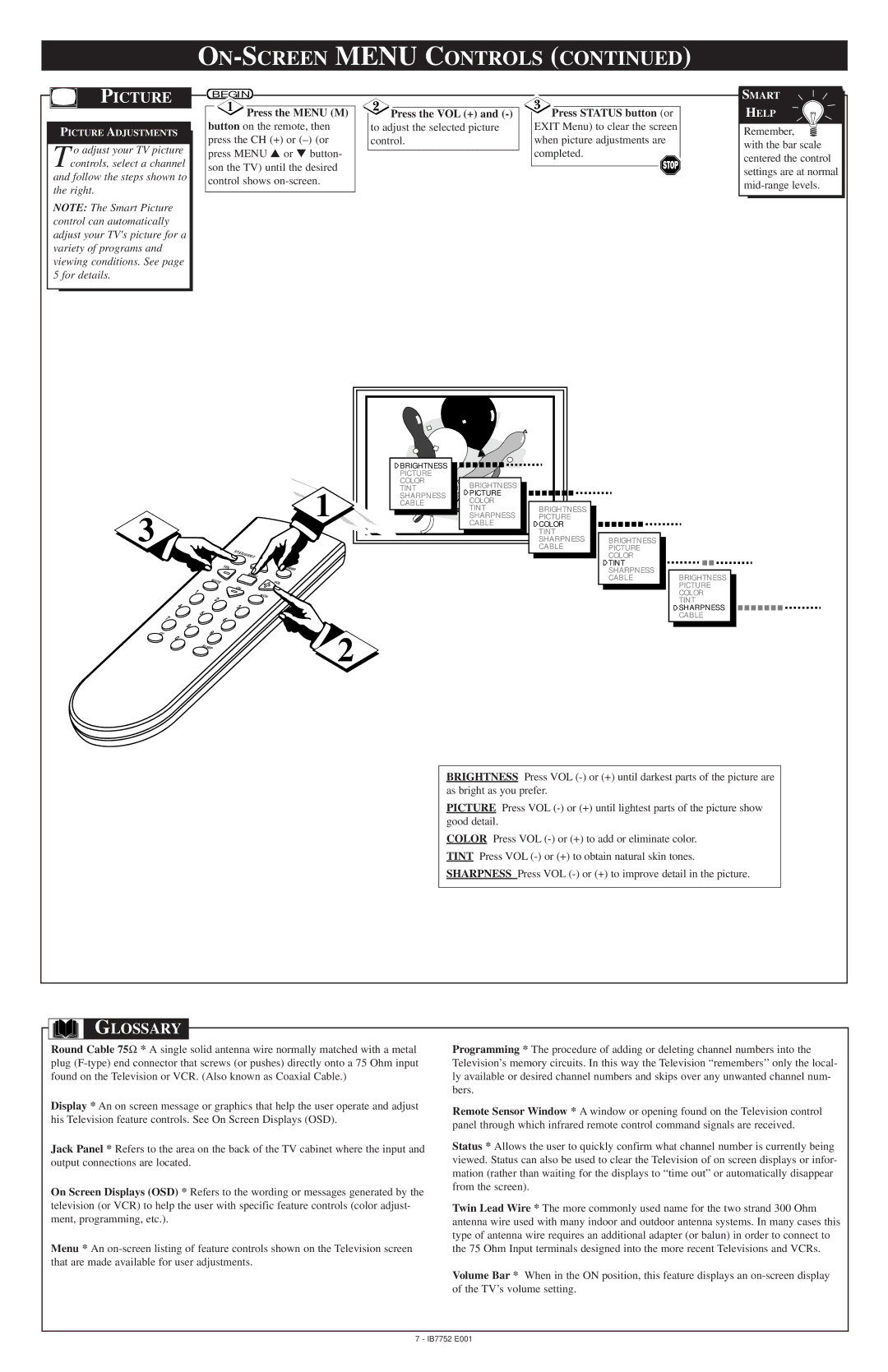 Magnavox COLOR TV 25 INCH warranty Picture, Glossary, Press the VOL +, To adjust the selected picture control 