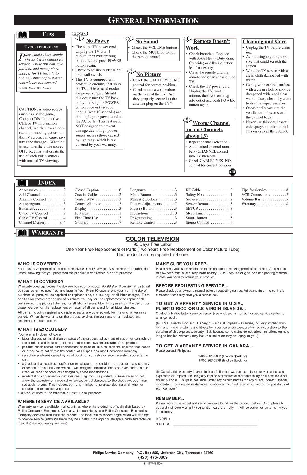 Magnavox COLOR TV 25 warranty General Information, Tips, Index, Warranty 