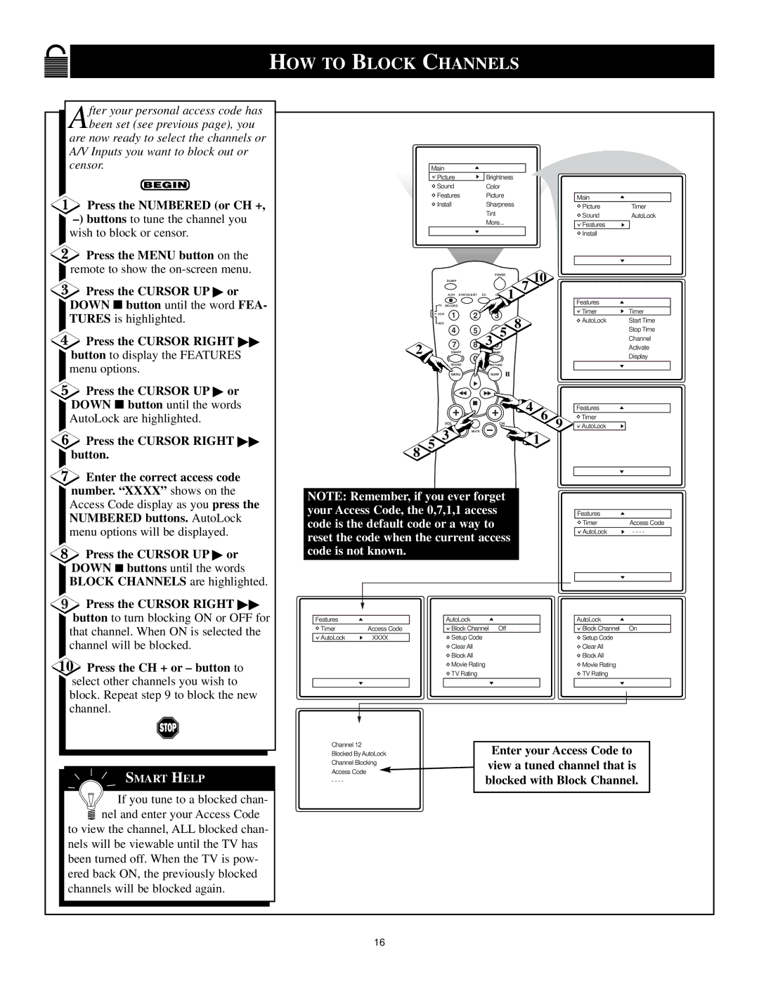 Magnavox Color TV manual HOW to Block Channels, Enter your Access Code to, View a tuned channel that is 