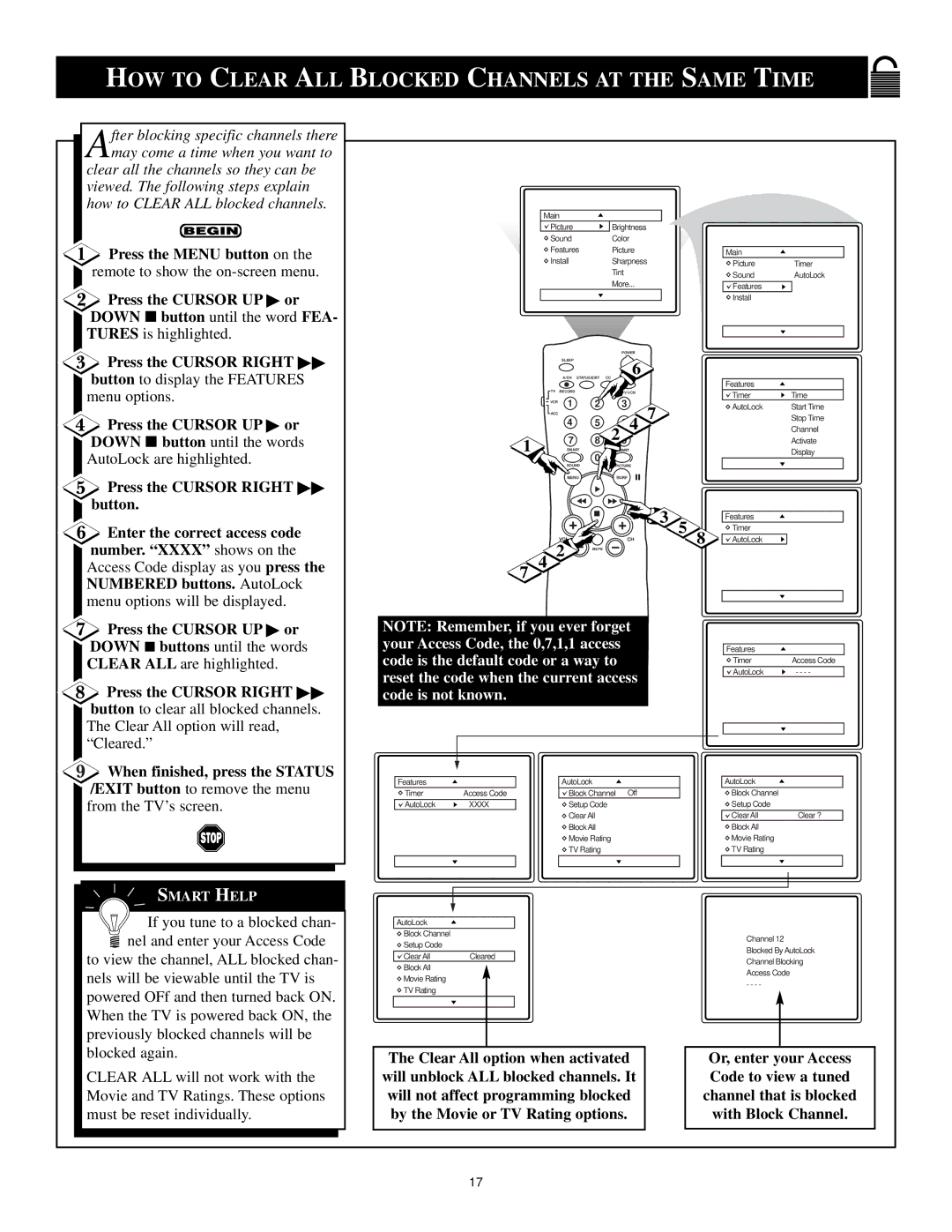 Magnavox Color TV manual HOW to Clear ALL Blocked Channels AT the Same Time 