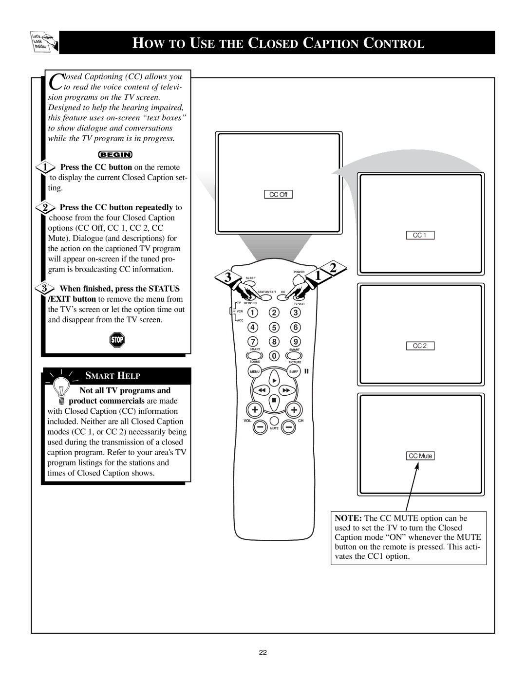 Magnavox Color TV manual HOW to USE the Closed Caption Control, When finished, press the Status 