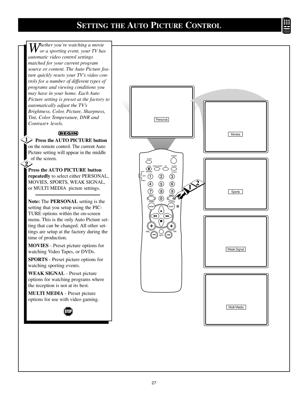 Magnavox Color TV manual Setting the Auto Picture Control, Press the Auto Picture button 