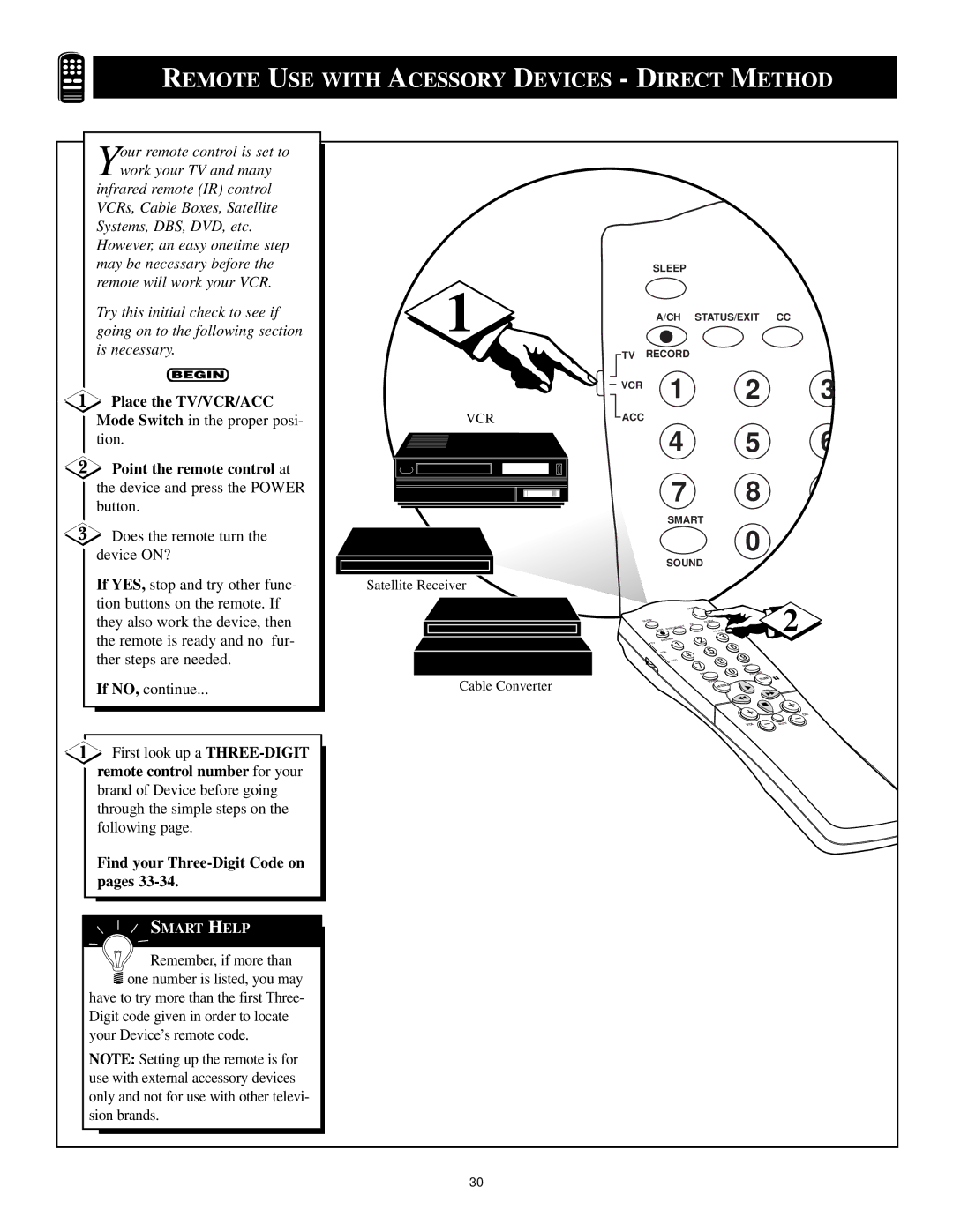 Magnavox Color TV manual Remote USE with Acessory Devices Direct Method, Place the TV/VCR/ACC, Point the remote control at 