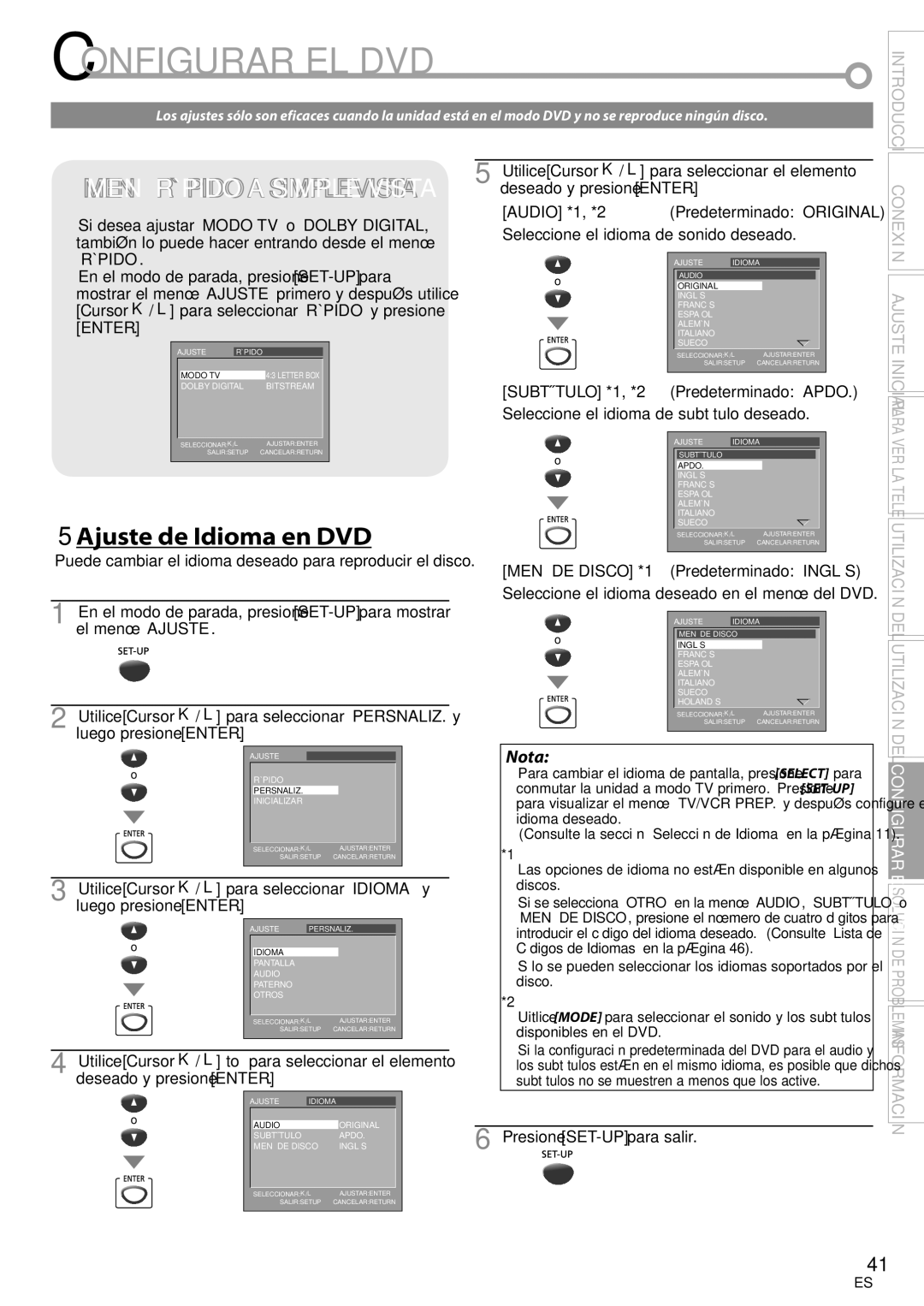 Magnavox CT270MW8 A owner manual Configurar EL DVD, Audio *1, *2, Seleccione el idioma de sonido deseado 