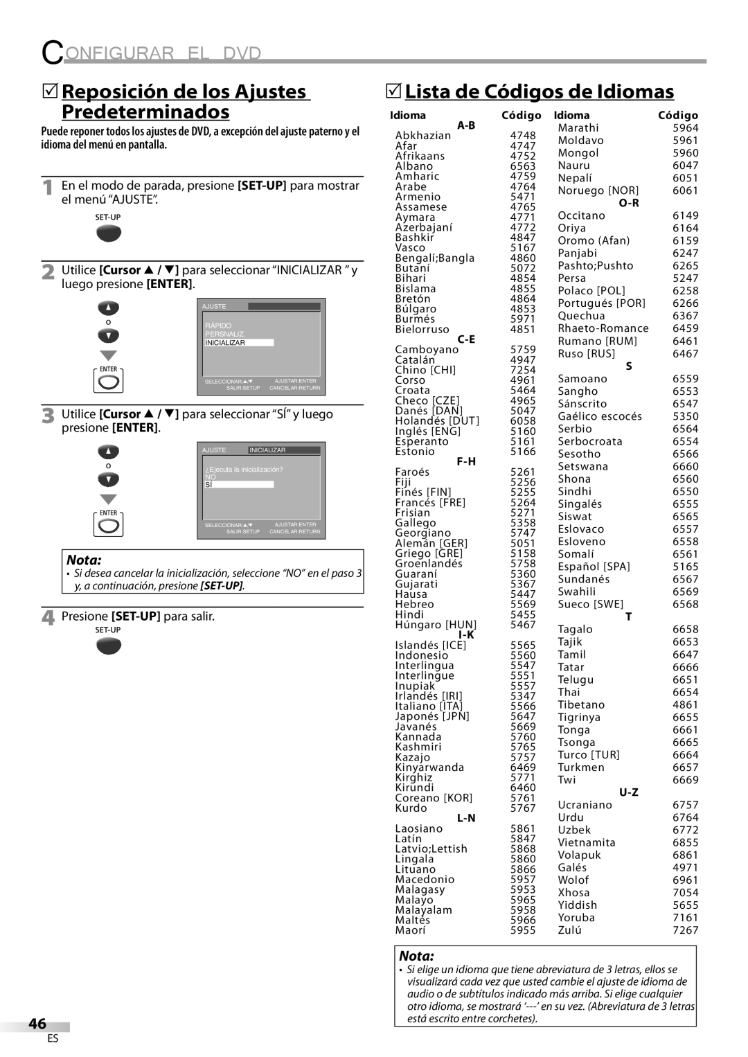 Magnavox CT270MW8 A owner manual 5Reposición de los Ajustes Predeterminados, 5Lista de Códigos de Idiomas, Idioma Código 