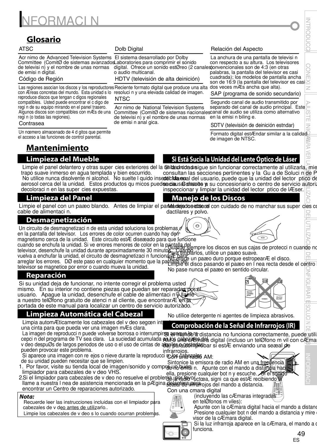 Magnavox CT270MW8 A owner manual Información, Glosario, Mantenimiento 