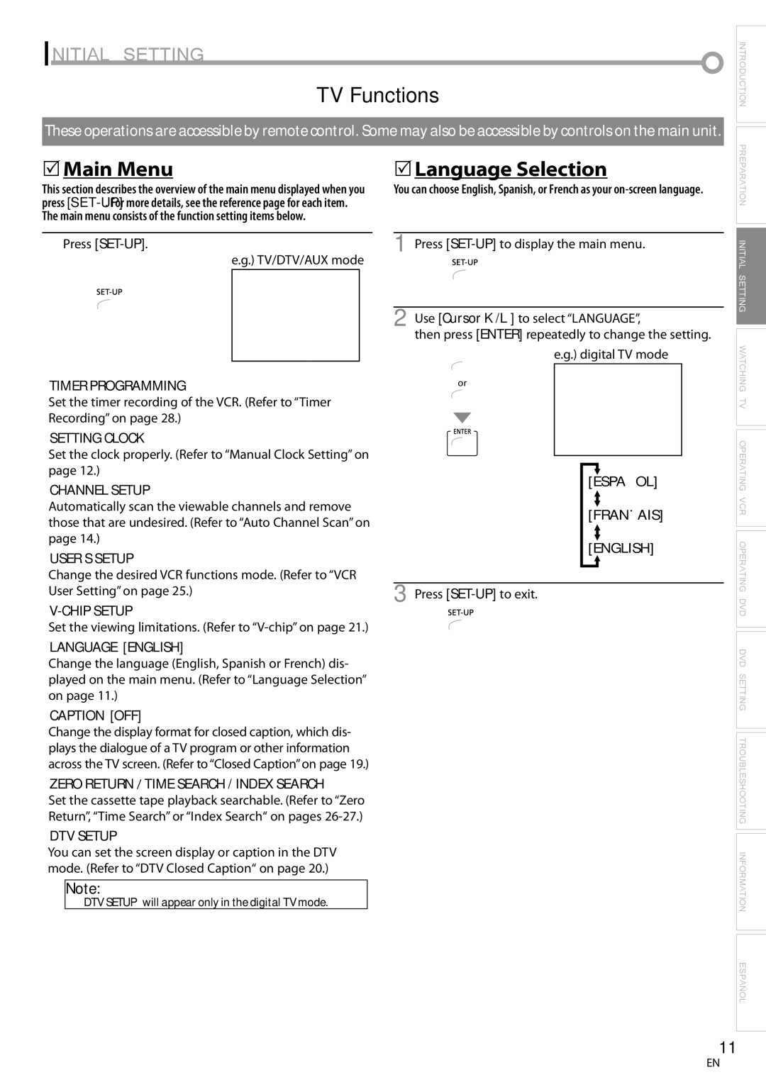 Magnavox CT270MW8 A owner manual Initial Setting, TV Functions, 5Main Menu, 5Language Selection 