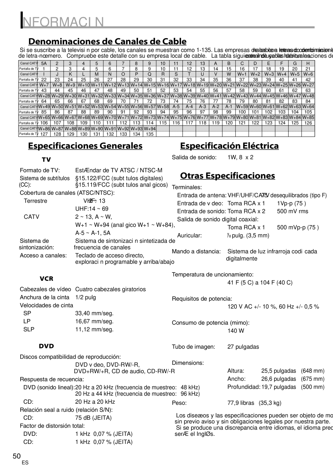 Magnavox CT270MW8 A 5Denominaciones de Canales de Cable, 5Especificaciones Generales, 5Especificación Eléctrica, Vhf Uhf 