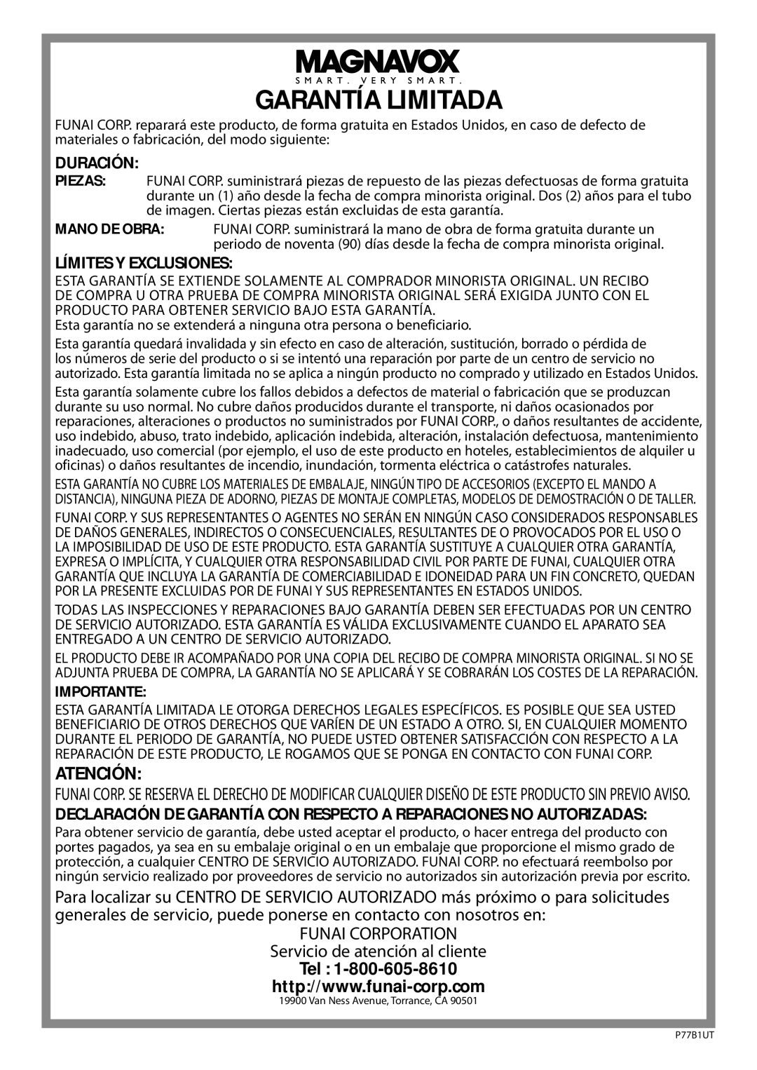 Magnavox CT270MW8 A owner manual Garantía Limitada 