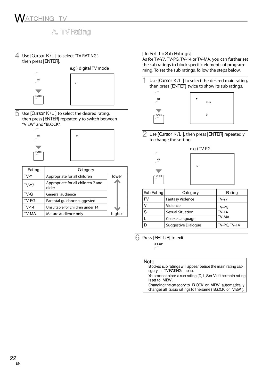 Magnavox CT270MW8 A owner manual TV Rating, To Set the Sub Ratings 