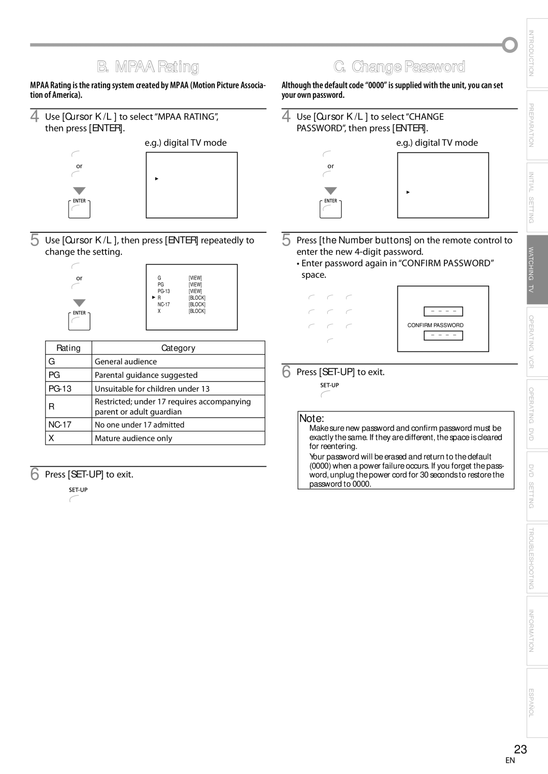 Magnavox CT270MW8 A Mpaa Rating, Change Password, Use Cursor K/L to select Change PASSWORD, then press Enter, Space 