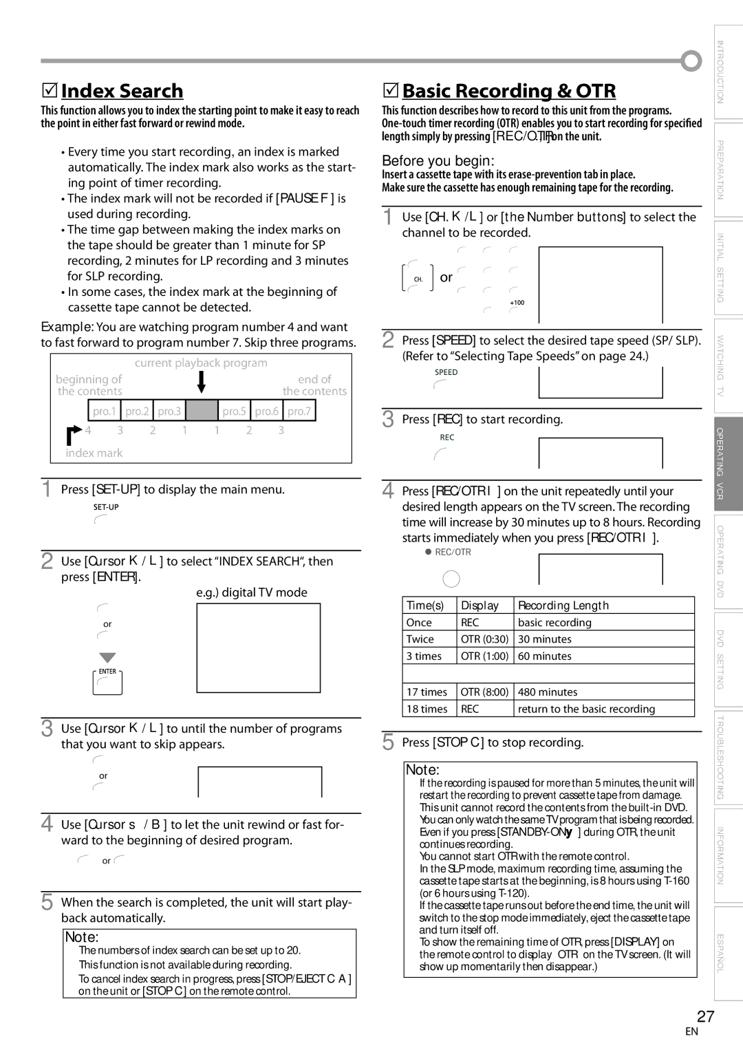 Magnavox CT270MW8 A owner manual 5Index Search, Basic Recording & OTR, Length simply by pressing REC/OTR .,I on the unit 