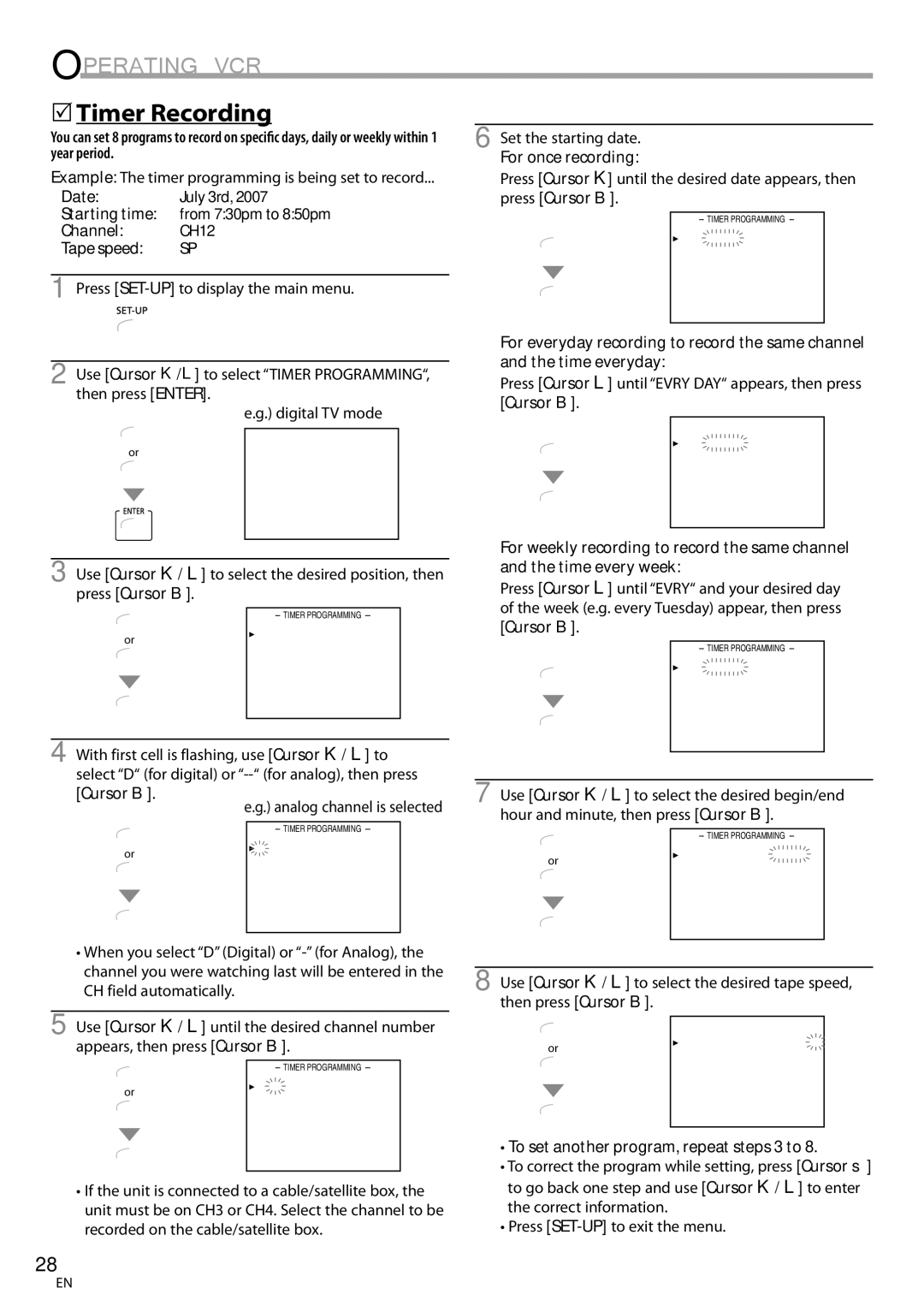 Magnavox CT270MW8 A owner manual 5Timer Recording, For once recording, To set another program, repeat steps 3 to 